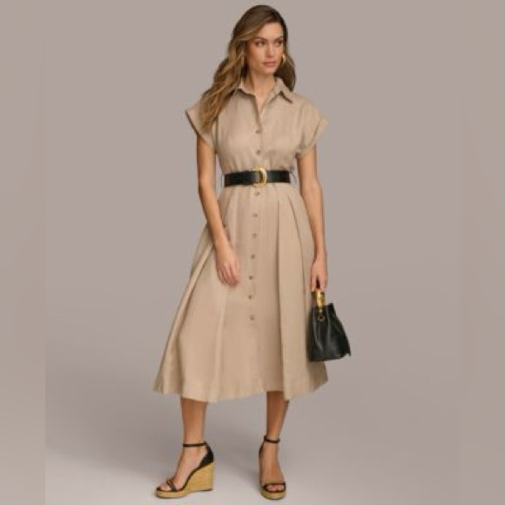 NWT J.Crew utility shirt shirt tan khaki gold button Belt neutral cotton flare 6